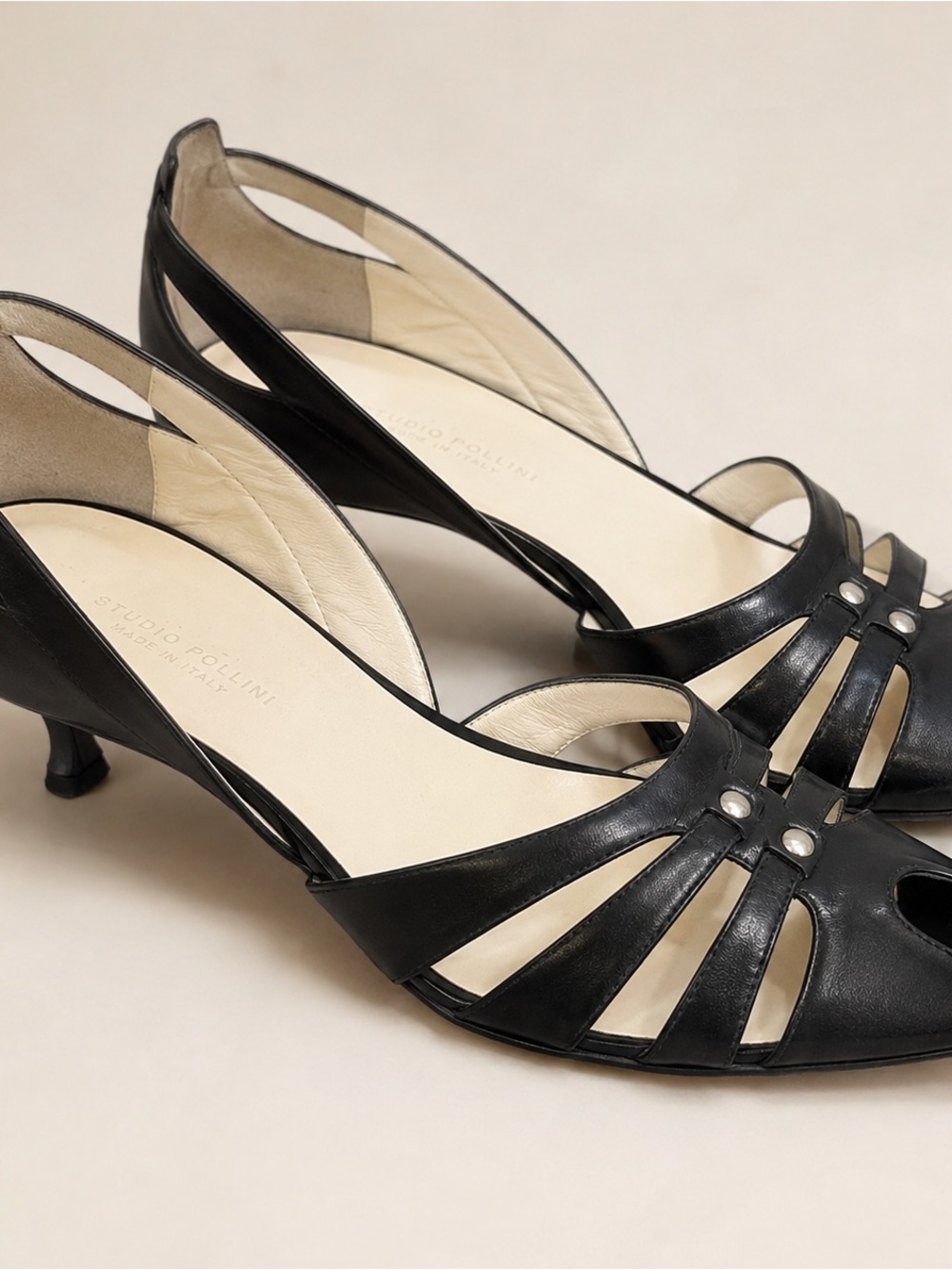 Studio Pollini Black Leather Cutout Peep Toe Kitten Heels EU 36 Italy